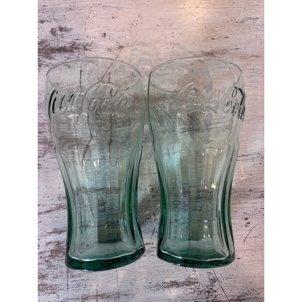 Coca-Cola collector drinking glasses unisex 6 inch green embossed logo set of 2